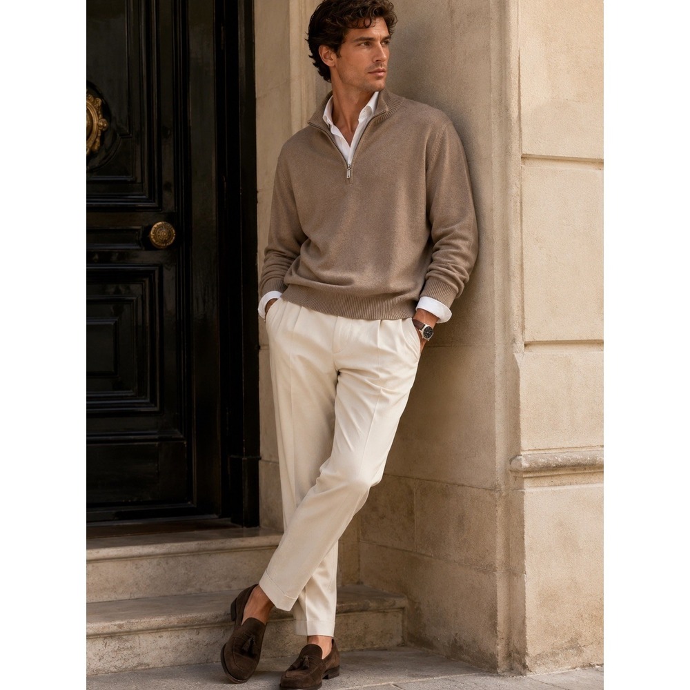 Oscar de la Renta Men Brown Half Zip Knit Sweater XXL Cotton Silk Cashmere Blend - Picture 1 of 7